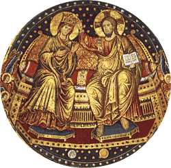 Jesus krnt Maria, das Urbild aller Glubigen (Mosaik): "Wer siegt, der darf mit mir auf meinem Thron sitzen ..." (Offb 3,21) 